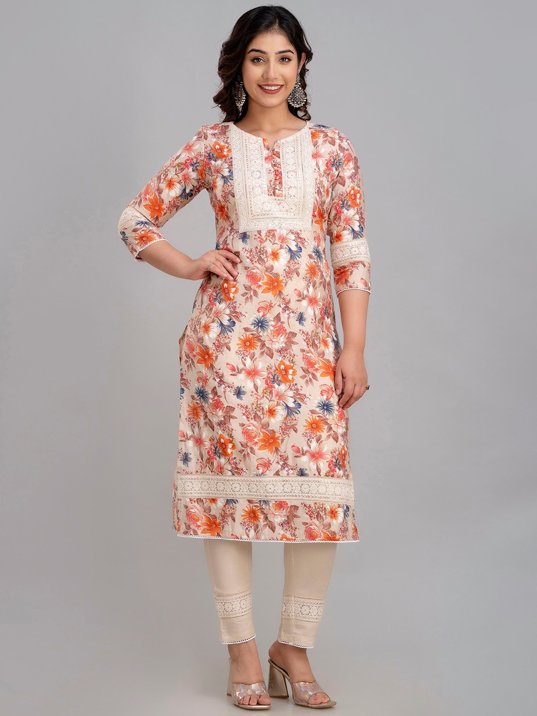 

Charu Floral Printed Sequinned Straight Kurta & Trouser With Dupatta, Orange