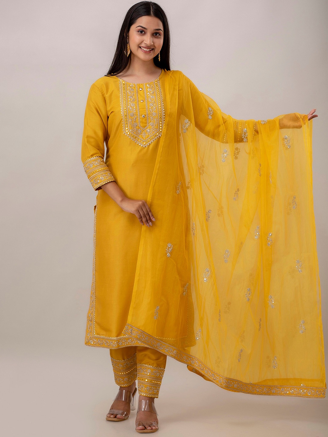 

Charu Floral Yoke Design Mirror Work Straight Kurta & Trouser With Dupatta, Mustard
