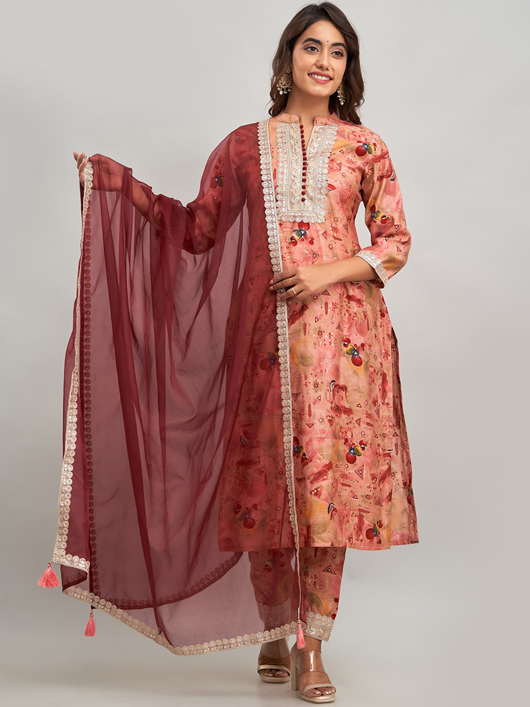 

Charu Floral Printed Thread Work Detailed Straight Kurta & Trouser With Dupatta, Peach