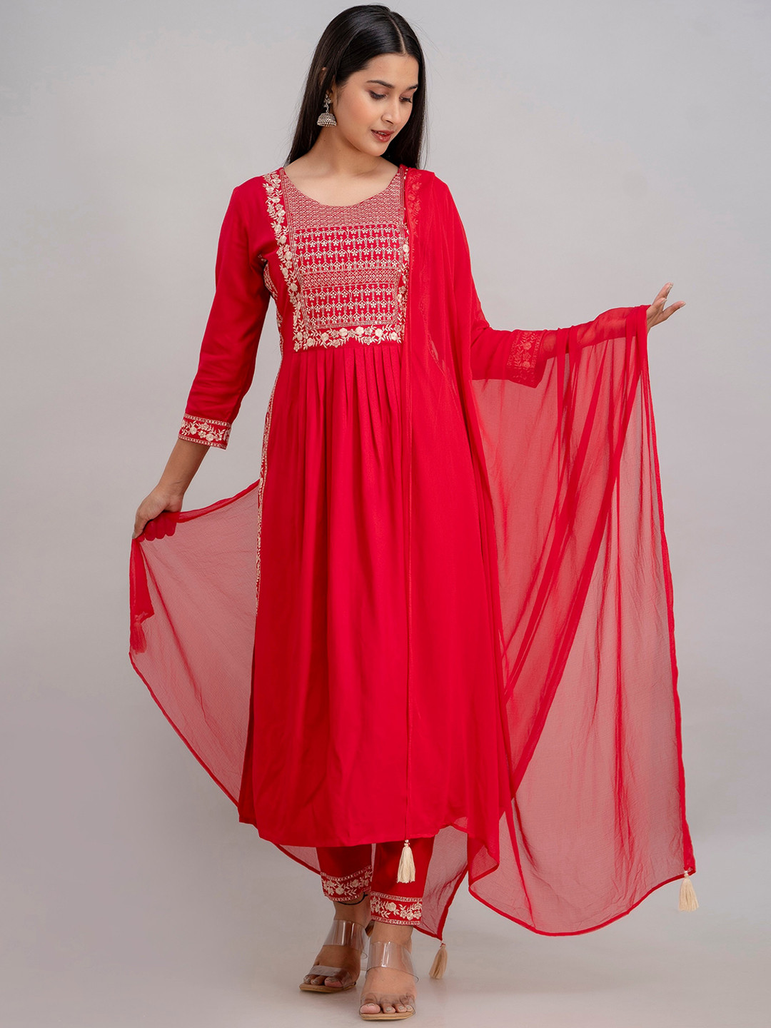 

Charu Floral Yoke Design Thread Work Pleated Straight Kurta & Trouser With Dupatta, Pink