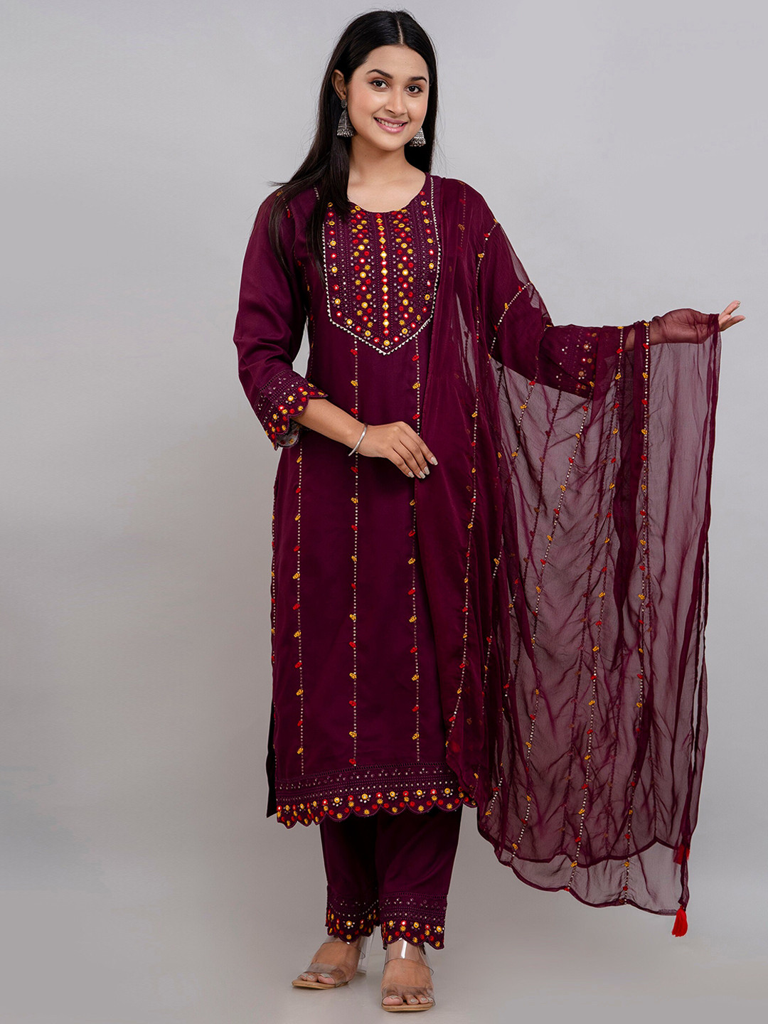 

Charu Geometric Embroidered Mirror Work Kurta with Trousers & Dupatta, Maroon