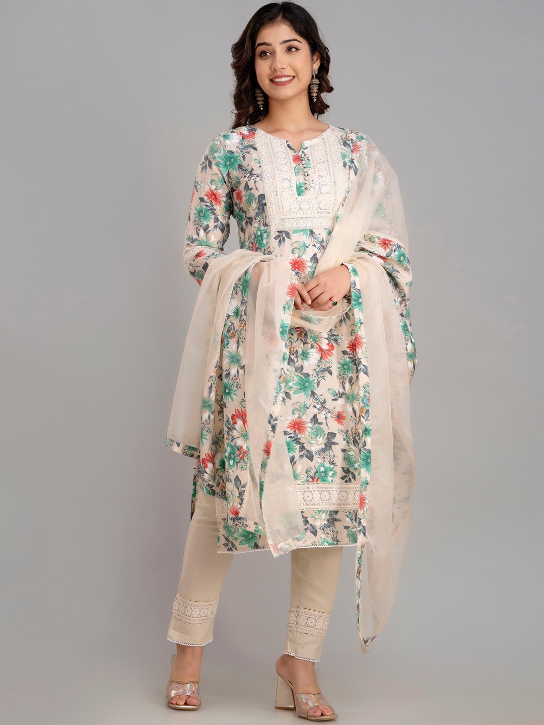 

Charu Floral Printed Straight Kurta with Trousers & Dupatta, Sea green