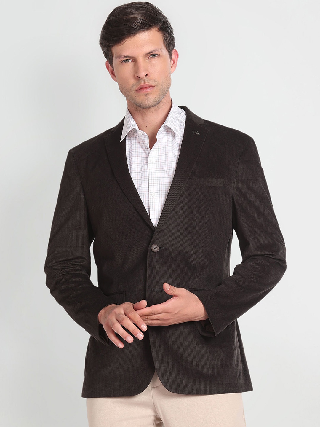 

Arrow Notched Lapel Collar Corduroy Knit Single Breasted Formal Blazer, Brown