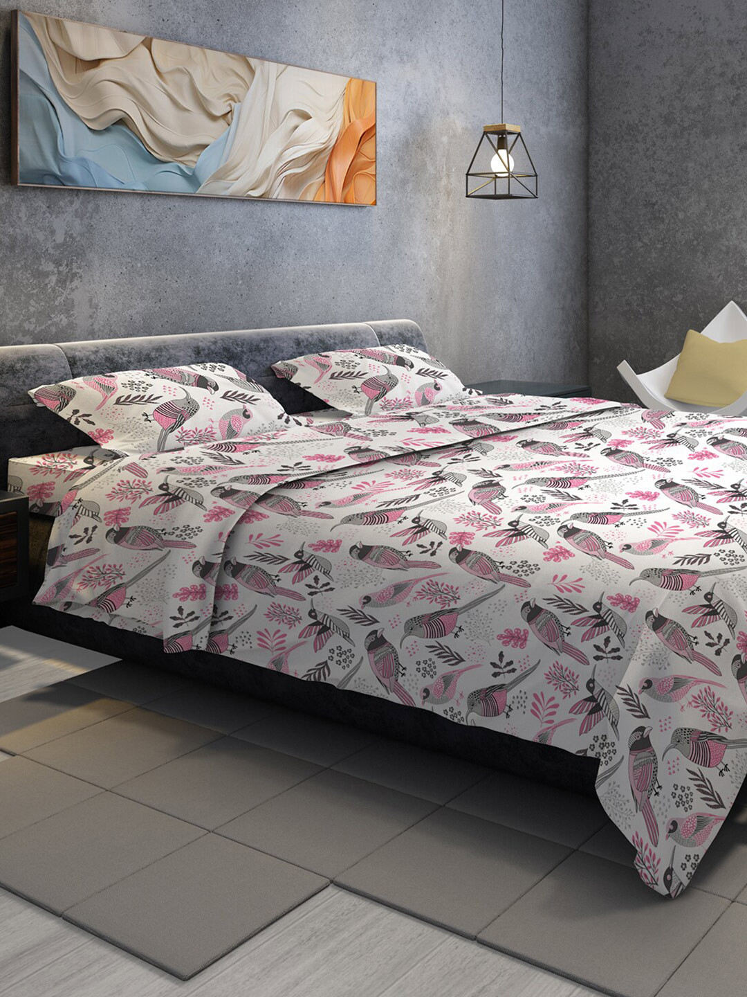 

BELLA CASA White & Pink Printed Cotton 180 TC King Bedsheet With 2 Pillow Covers