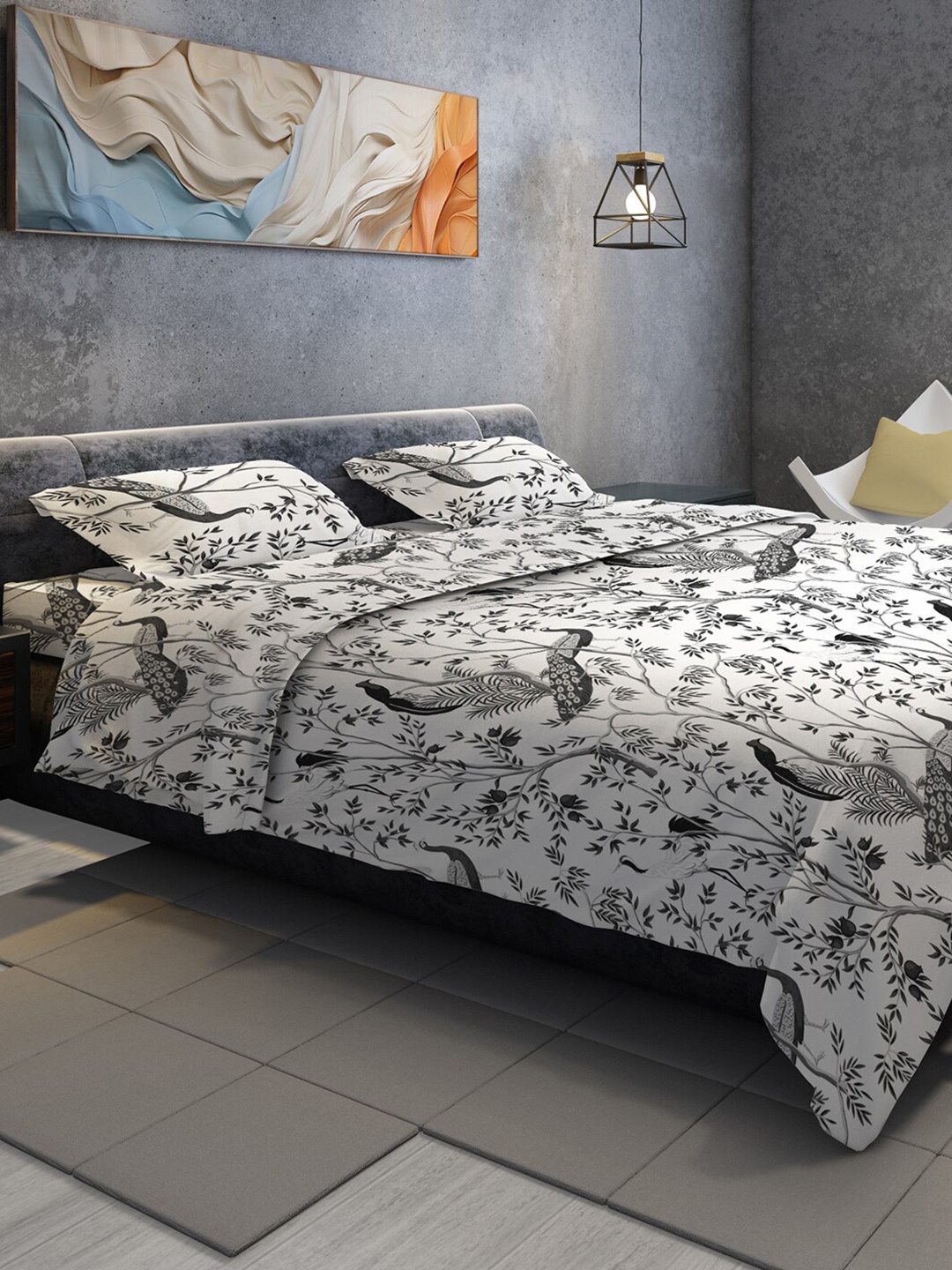 

BELLA CASA Grey & white Cotton 180 TC Double King Bedsheets With 2 Pillow Covers