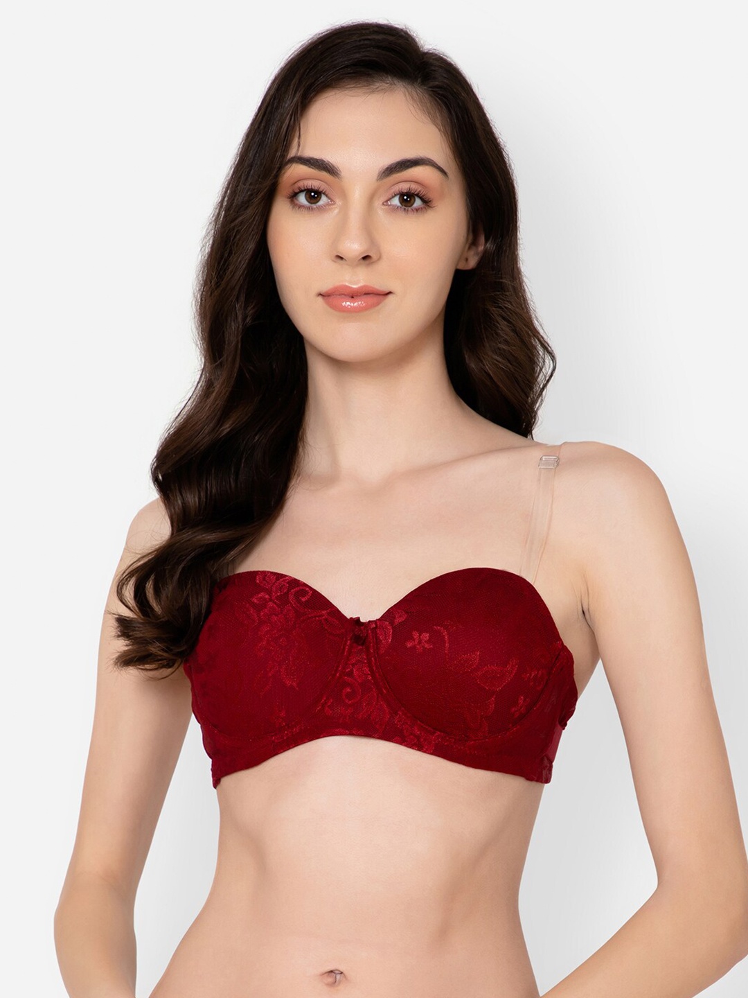 

Clovia Lightly Padded Underwired Half Coverage All Day Comfort Strapless Balconette Bra, Maroon