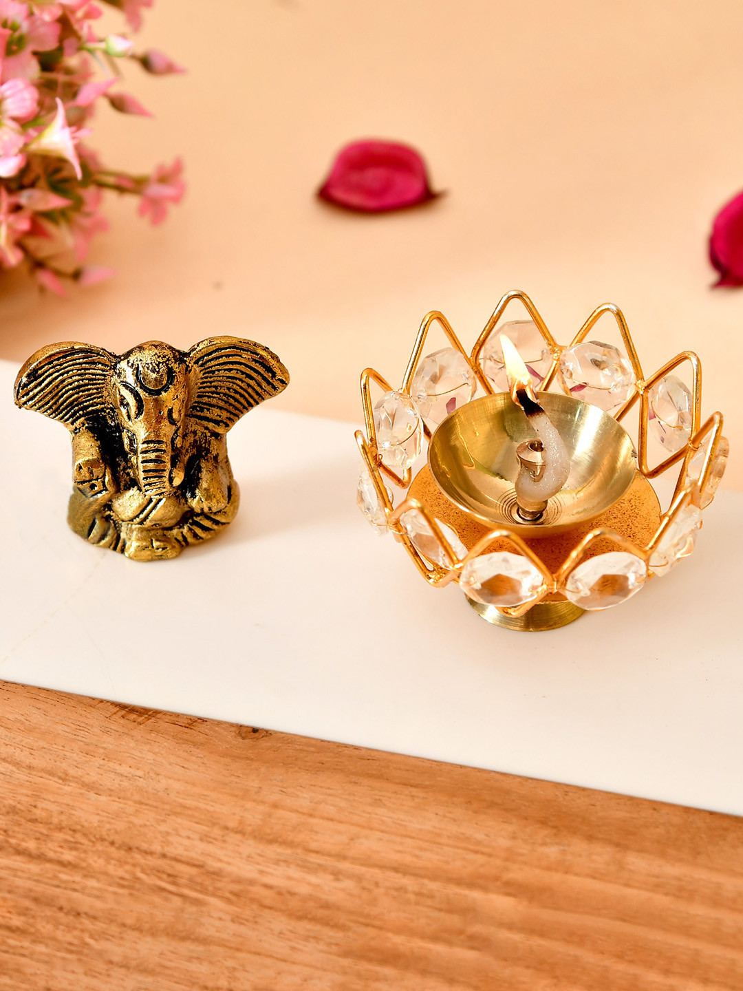 

COOPTIC Gold 2 Pieces Metal Lord Ganesha Idol & Diyas