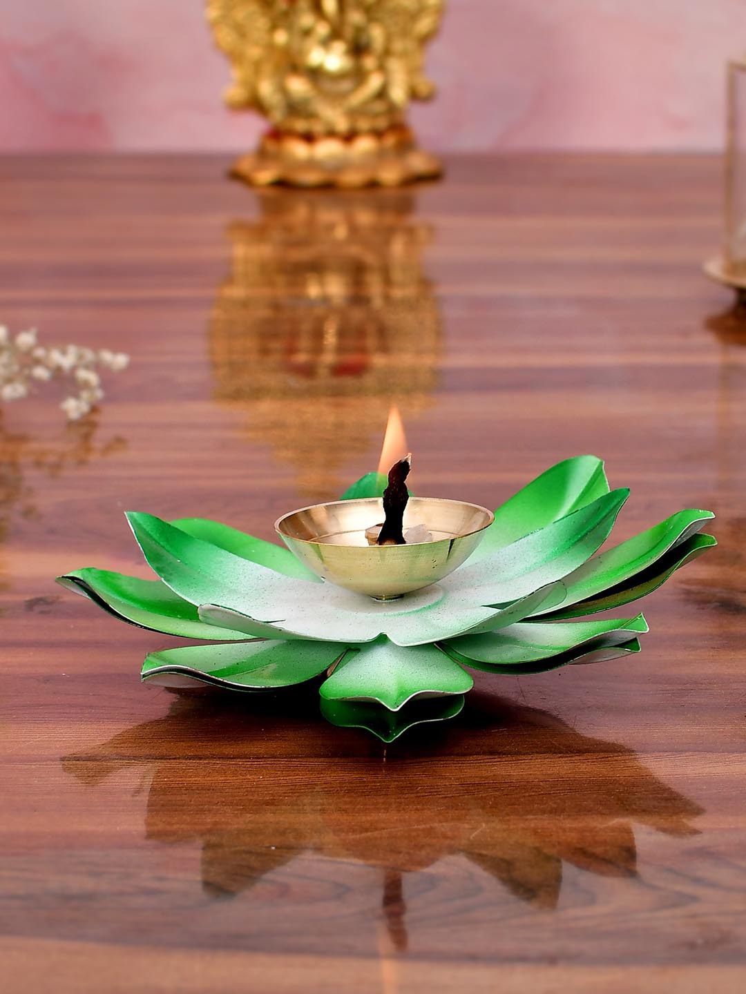 

COOPTIC Green & White Lotus Shaped Metal Diya