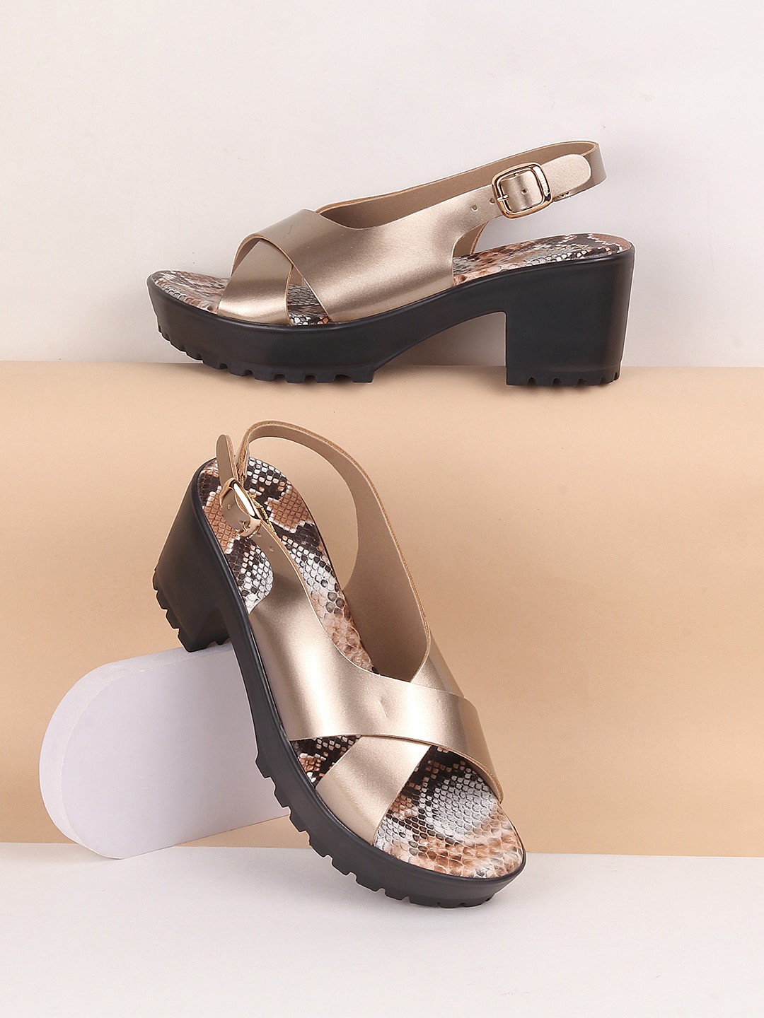 

Metro Printed Cross Strap Platform Heels, Gold