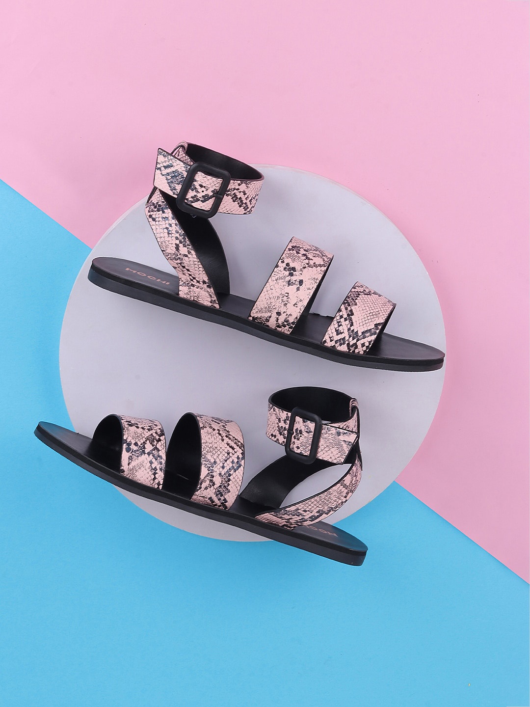 

Mochi Printed Open Toe Flats With Ankle Loop, Pink