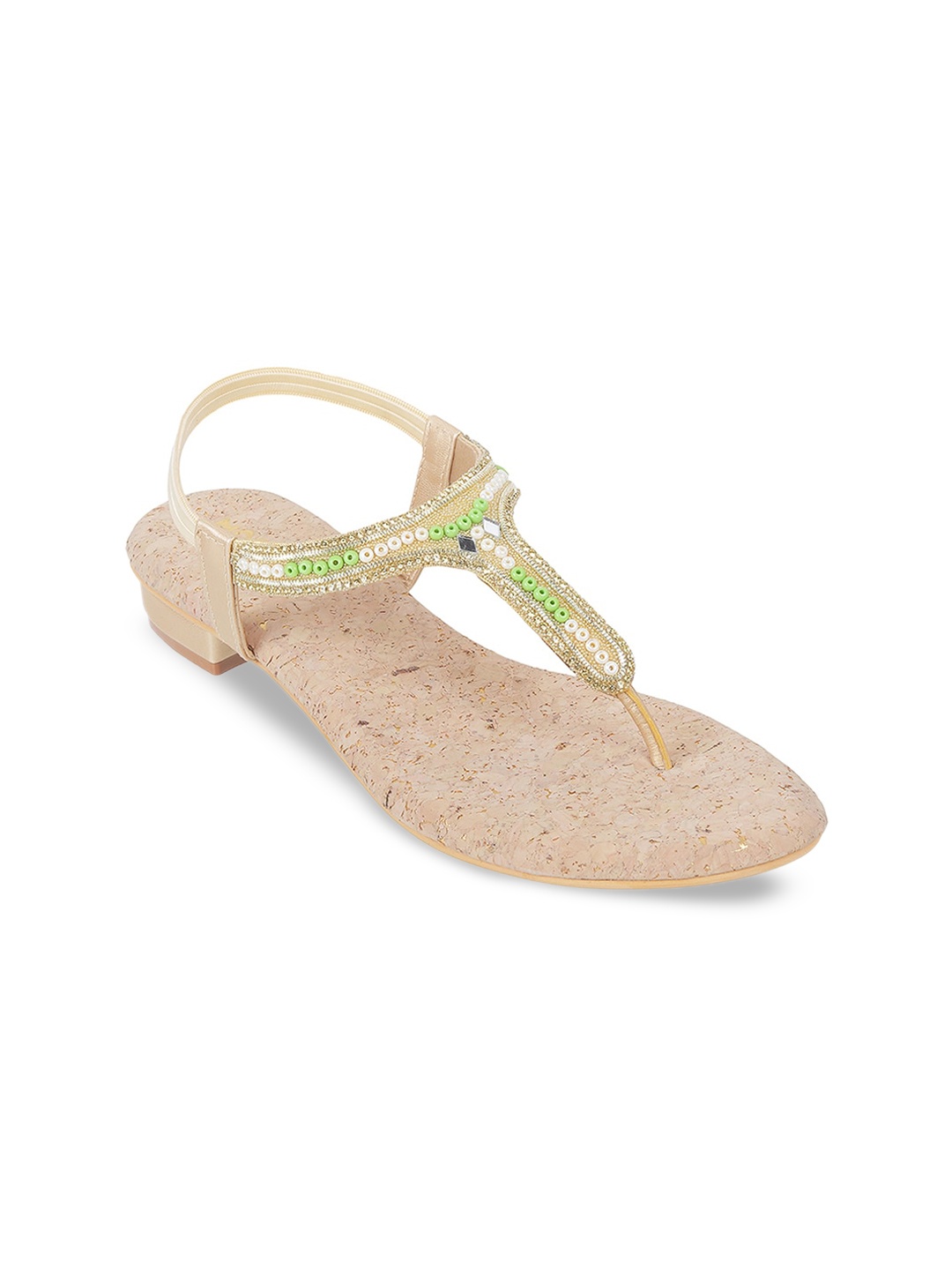 

Mochi Embellished T-Strap Flats With Backstrap, Gold