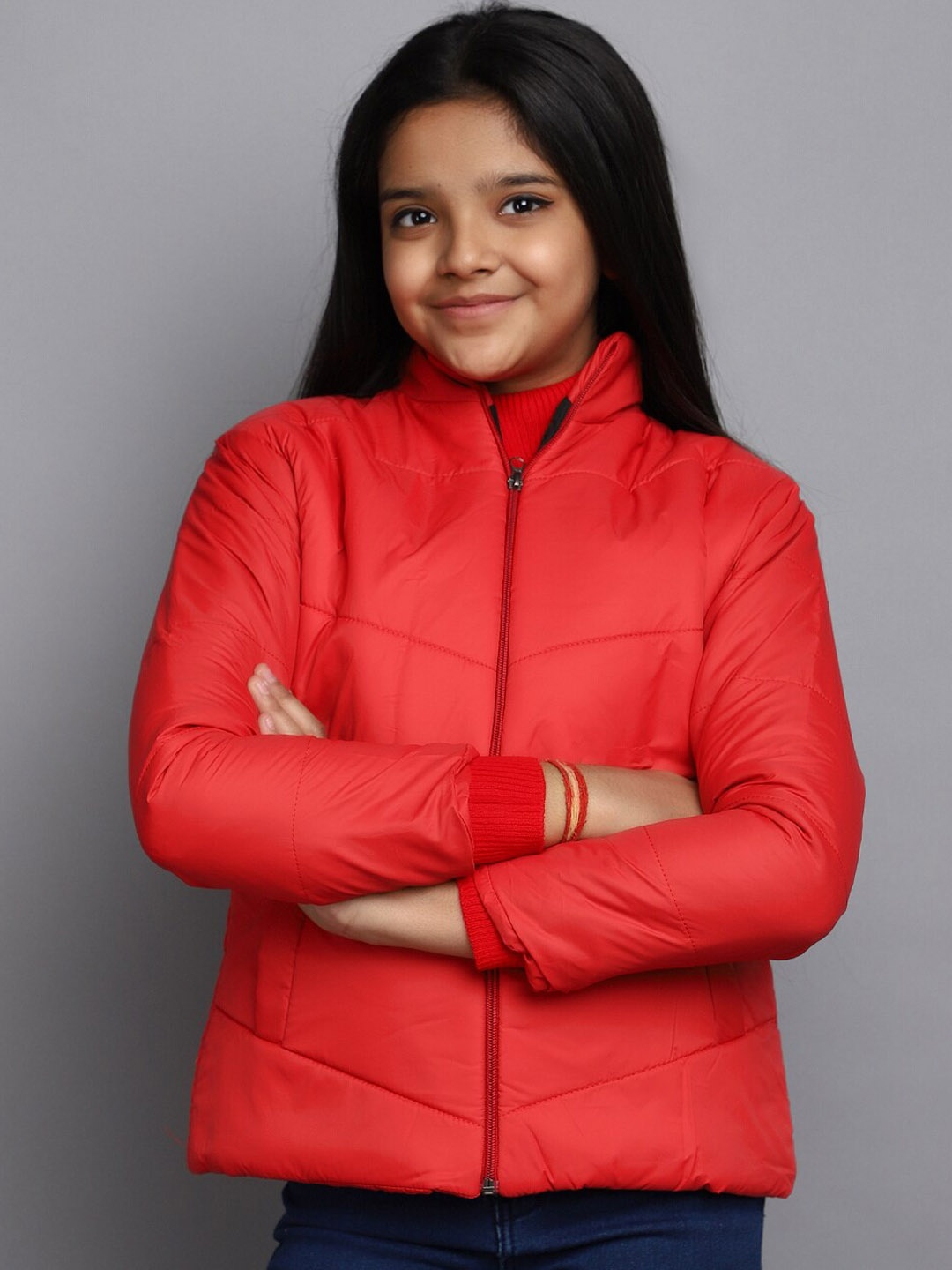 

V-Mart Girls Hooded Acrylic Lightweight Bomber Jacket, Red