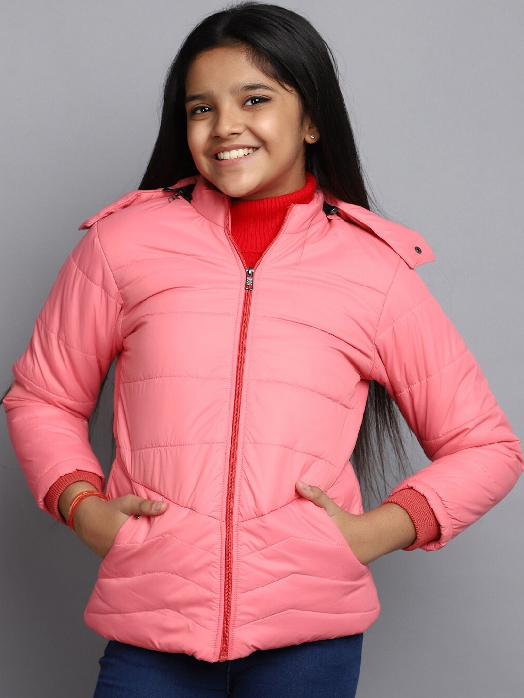 

V-Mart Girls Shoulder Tabs Acrylic Lightweight Hooded Padded Jacket, Coral