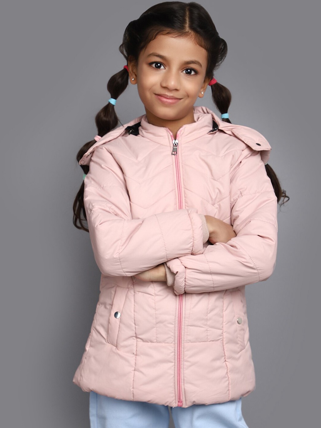 

V-Mart Girls Shoulder Tabs Acrylic Lightweight Hooded Padded Jacket, Pink