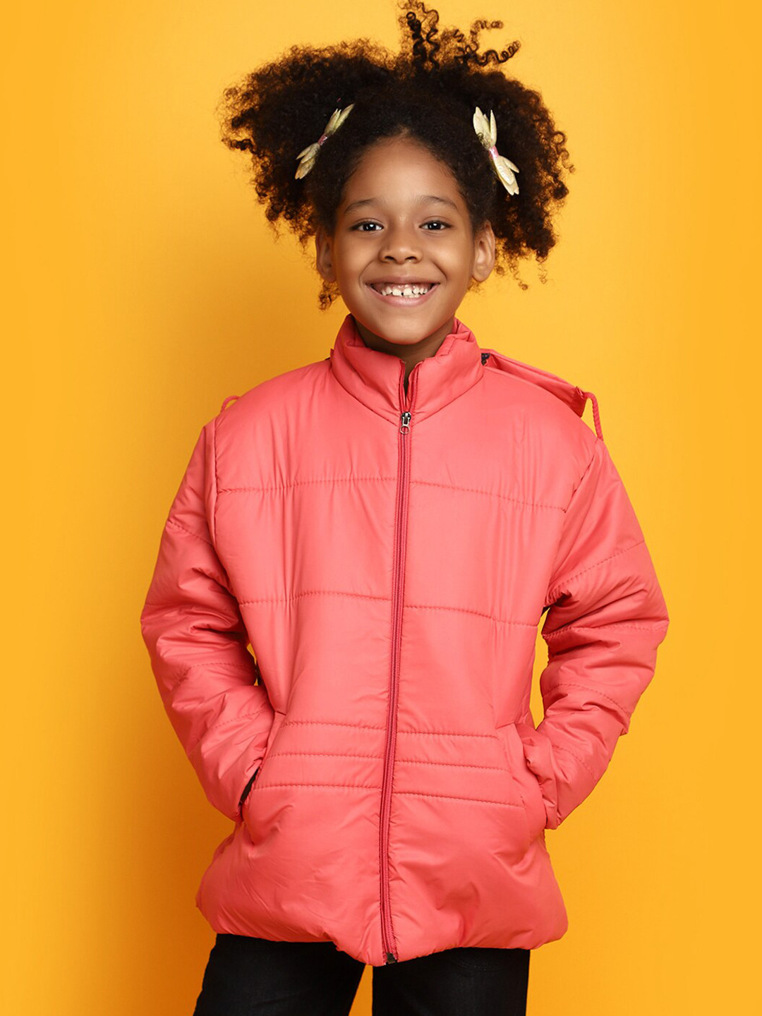 

V-Mart Girls Shoulder Tabs Acrylic Lightweight Hooded Padded Jacket, Coral