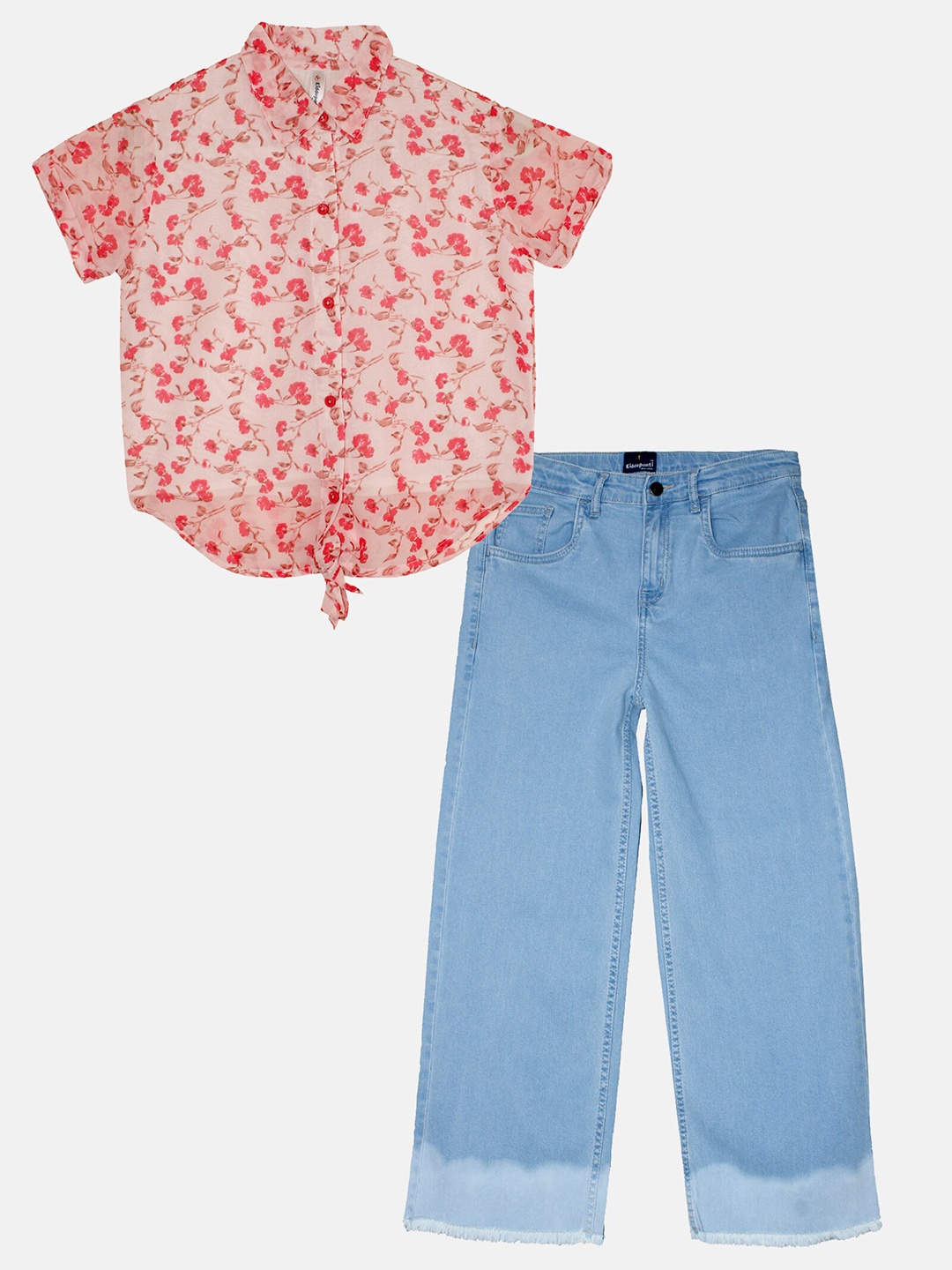 

KiddoPanti Girls Floral Printed Shirt Collar Tie Up Top With Jeans, Pink