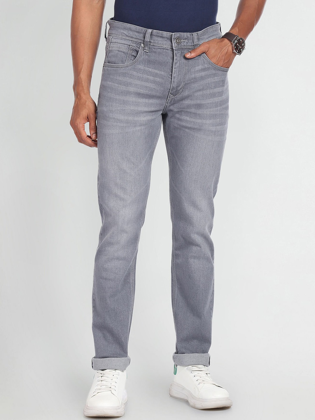 

AD By Arvind Men Clean Look Mid-Rise Slim Fit Heavy Fade Stretchable Jeans, Grey