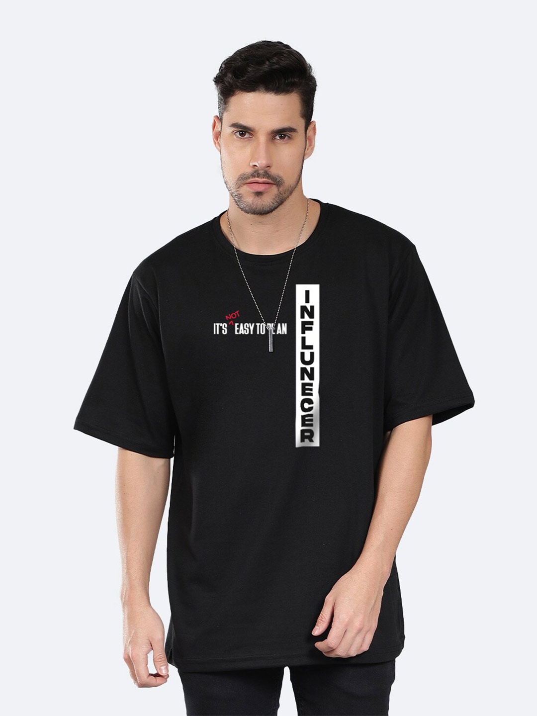 

Mad Over Print Typography Printed Drop-Shoulder Sleeves Cotton Oversized T-shirt, Black