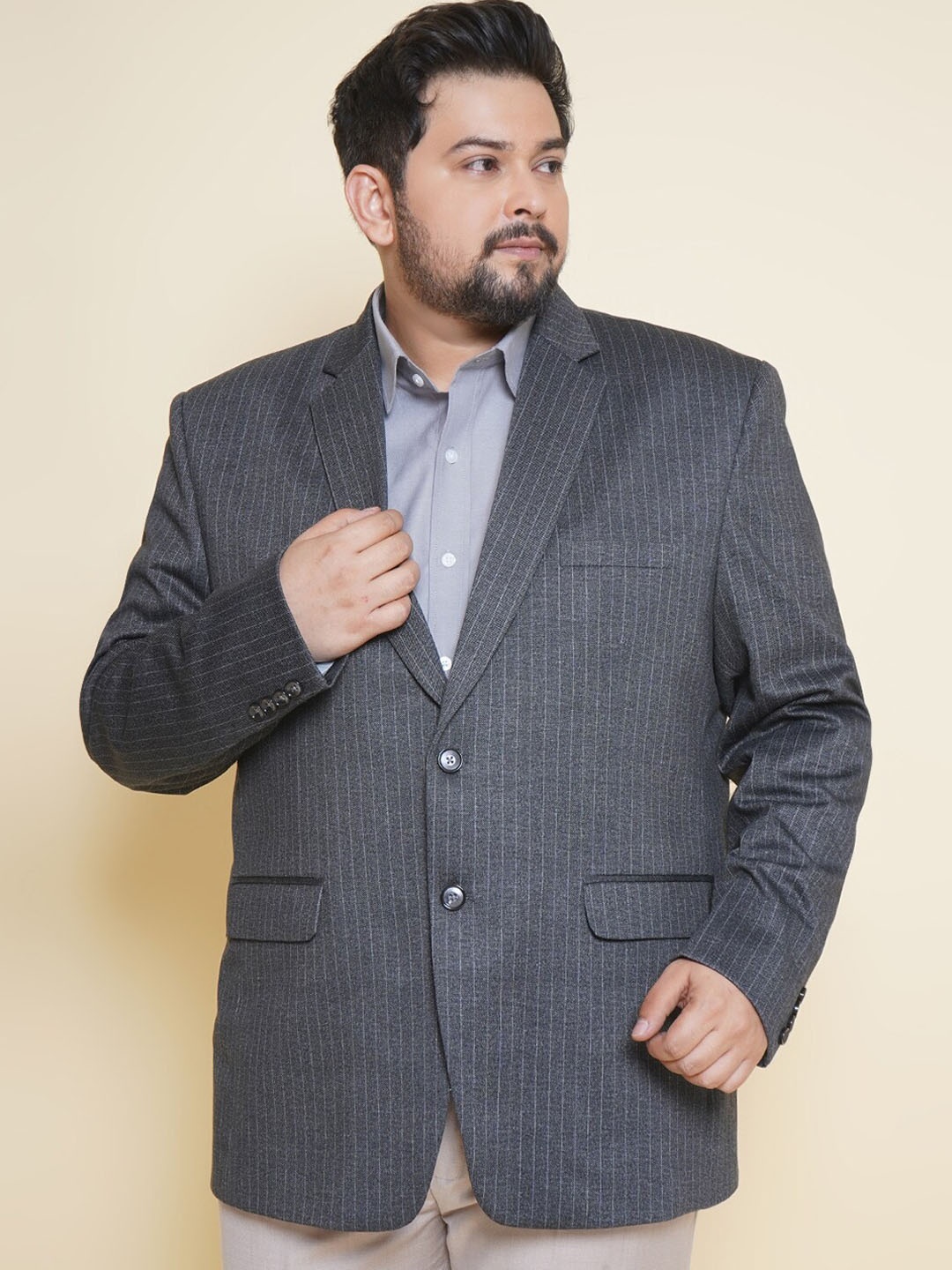 

John Pride Plus Size Striped Single-Breasted Notched Lapel Collar Blazer, Grey