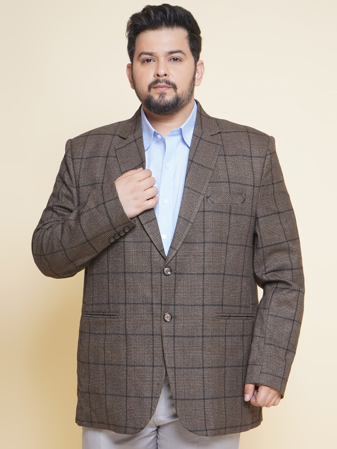 

John Pride Plus Size Checked Single-Breasted Notched Lapel Collar Blazer, Brown