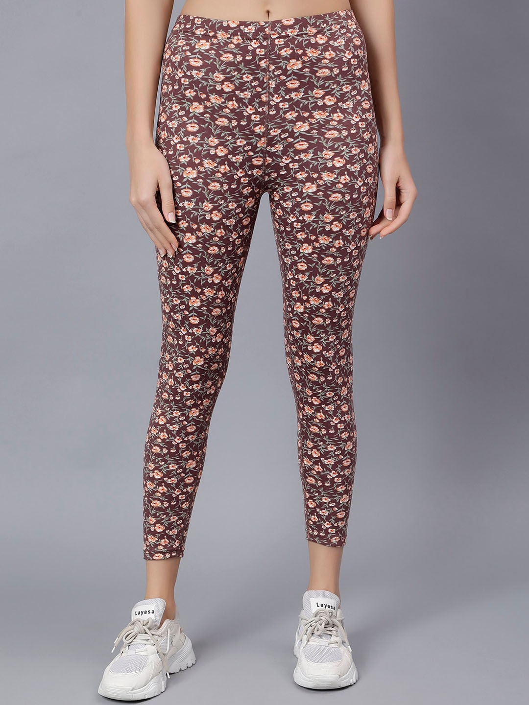 

Steele Women Mid-Rise Floral Printed Travel Features Pure Cotton Sports Tights, Brown