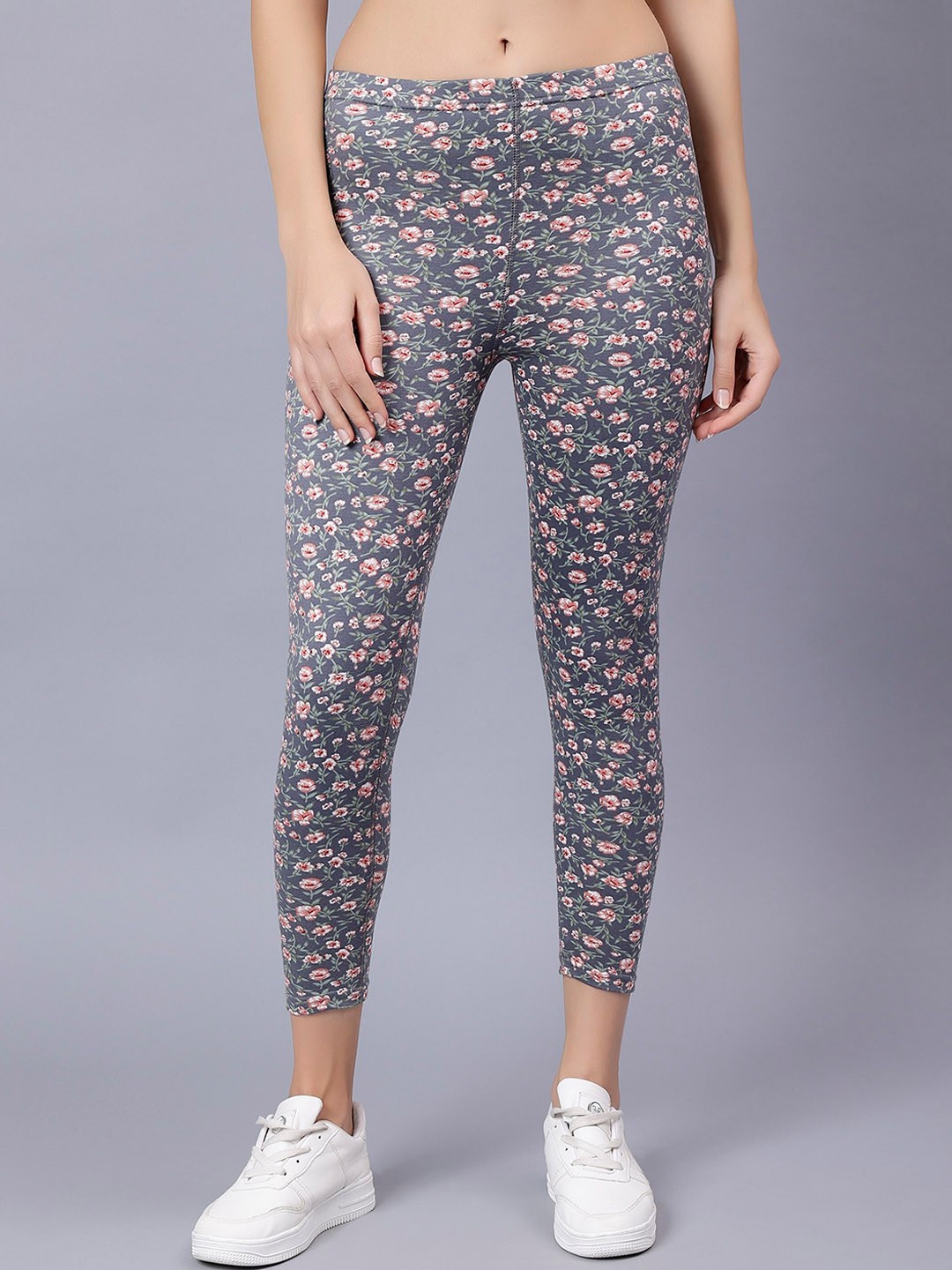 

Steele Women Floral Printed Ankle Length Cotton Leggings, Grey