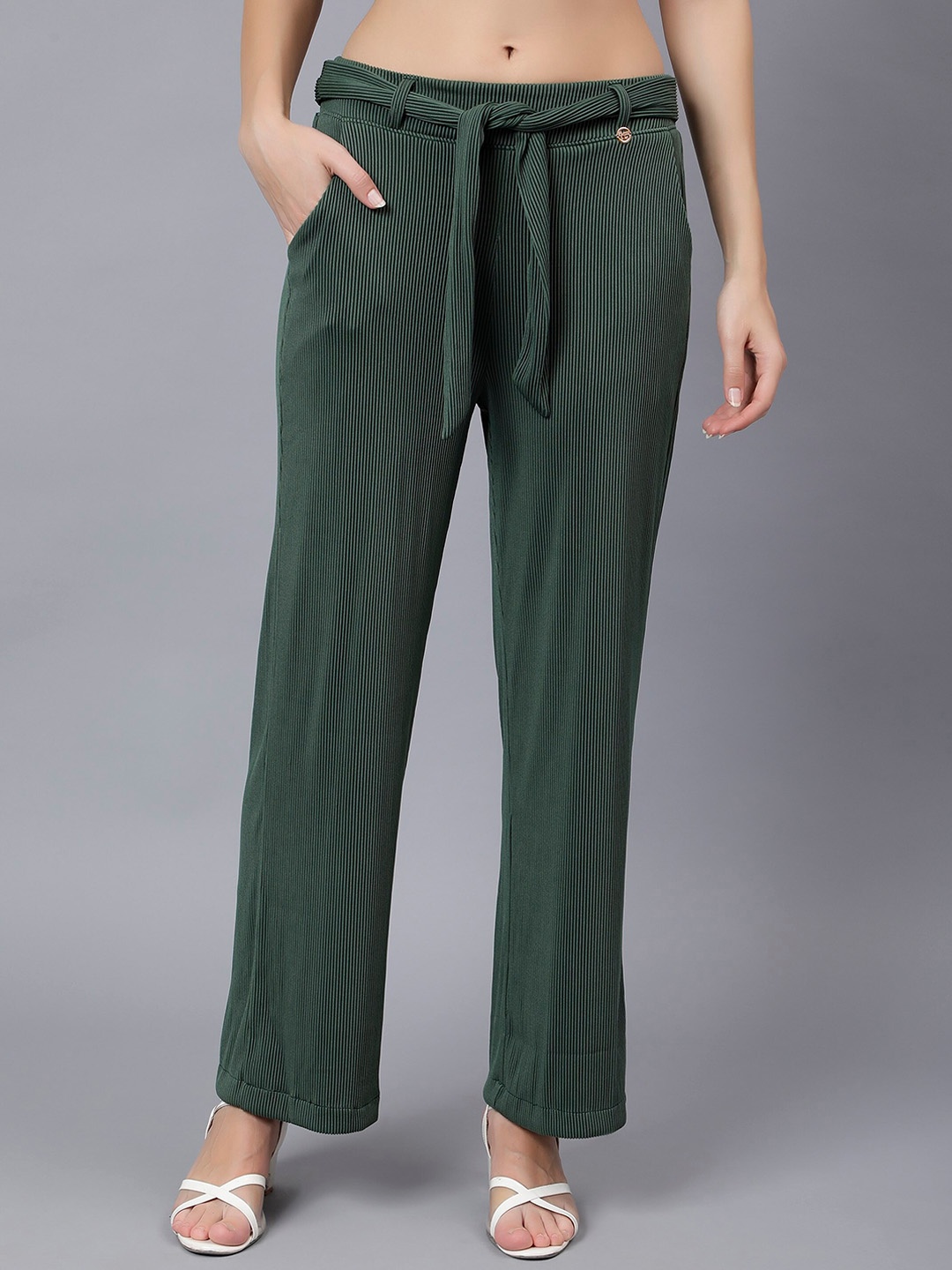 

Steele Women Self Design Belted Parallel Trousers, Green