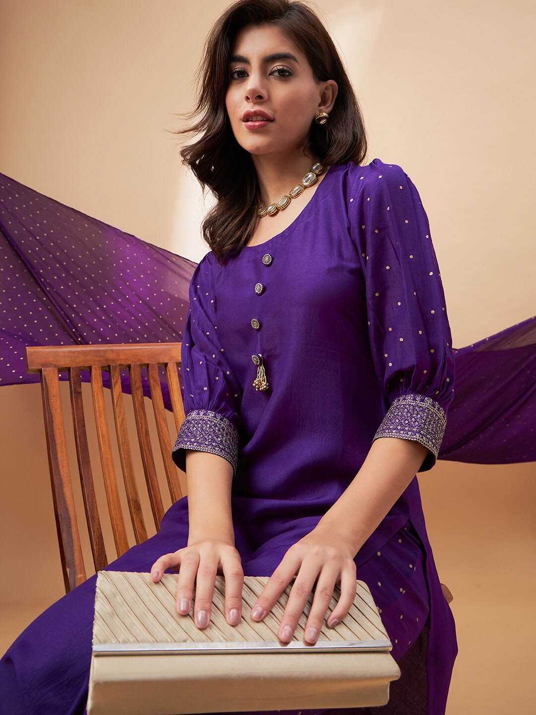 

all about you Purple Thread Work Detailed Straight Kurta & Trouser With Dupatta