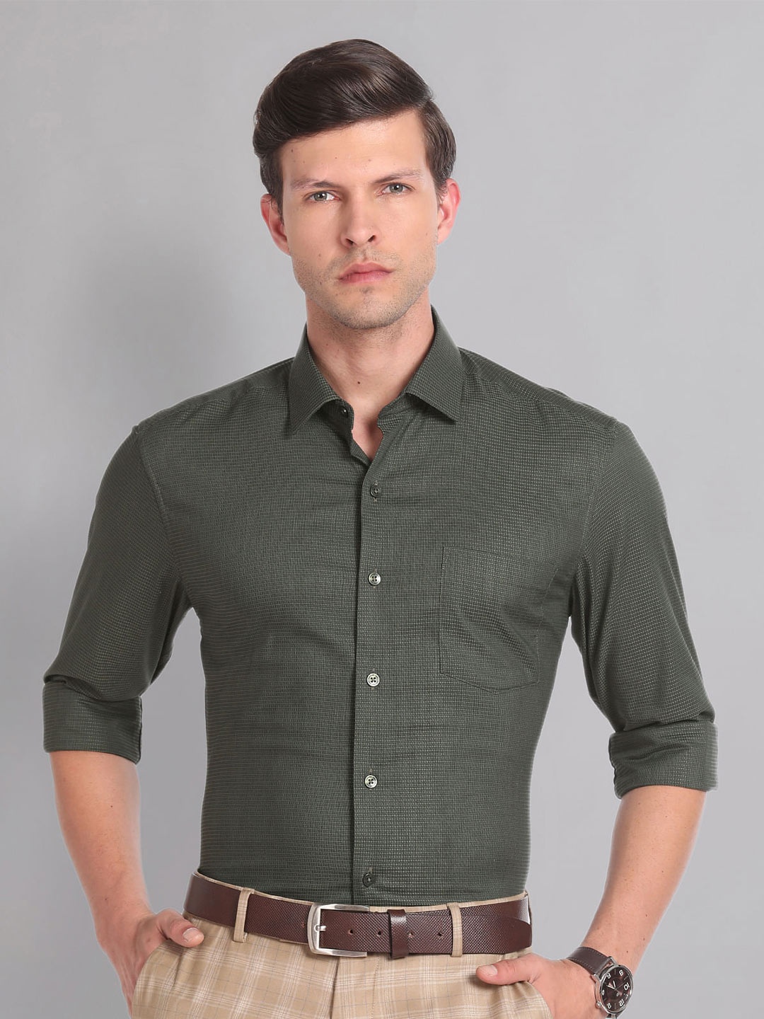 

AD By Arvind Classic Slim Fit Self Design Spread Collar Formal Shirt, Green