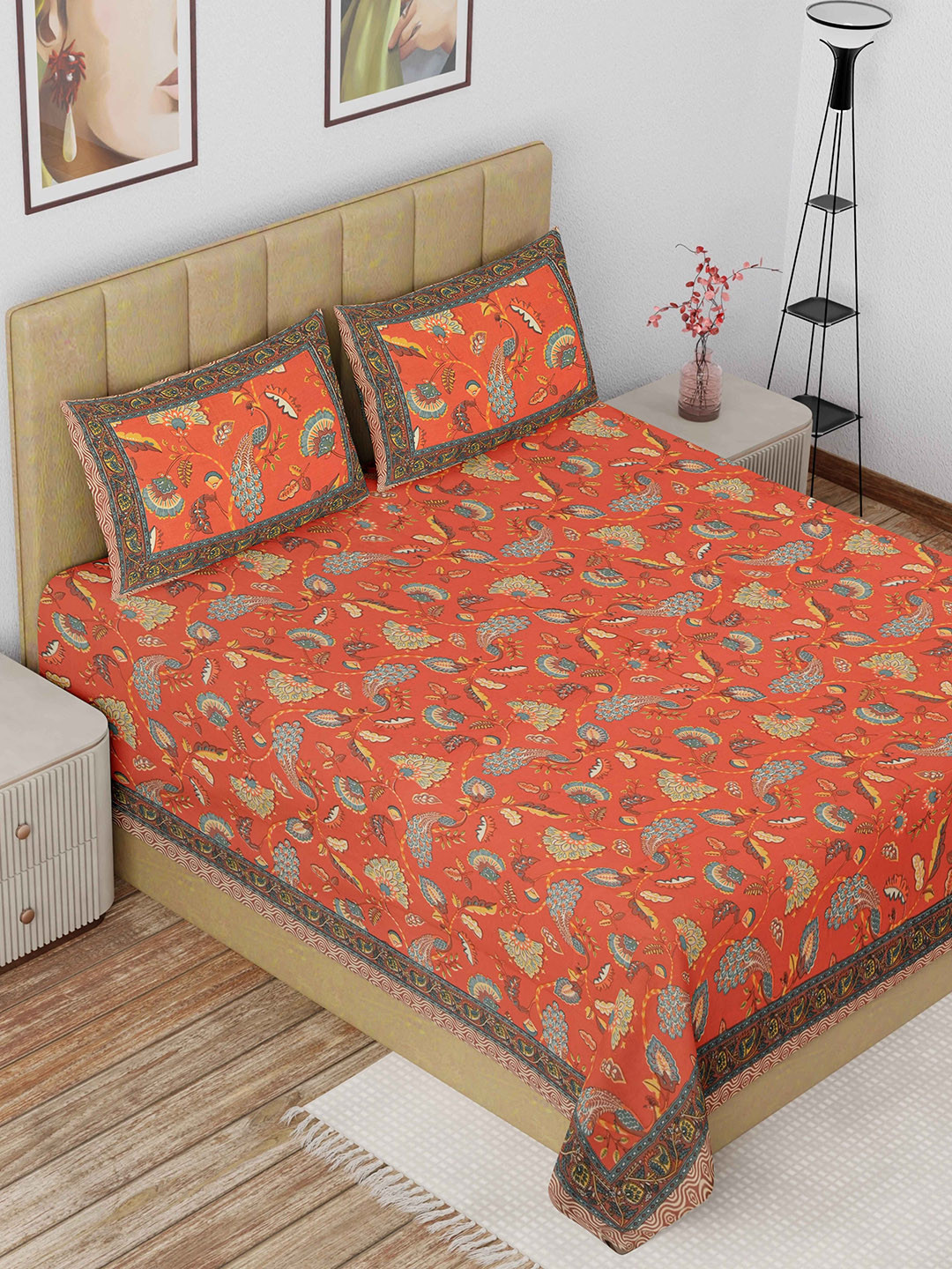 

The Craft Monk Orange Floral Cotton 180 TC King Bedsheet With 2 Pillow Covers