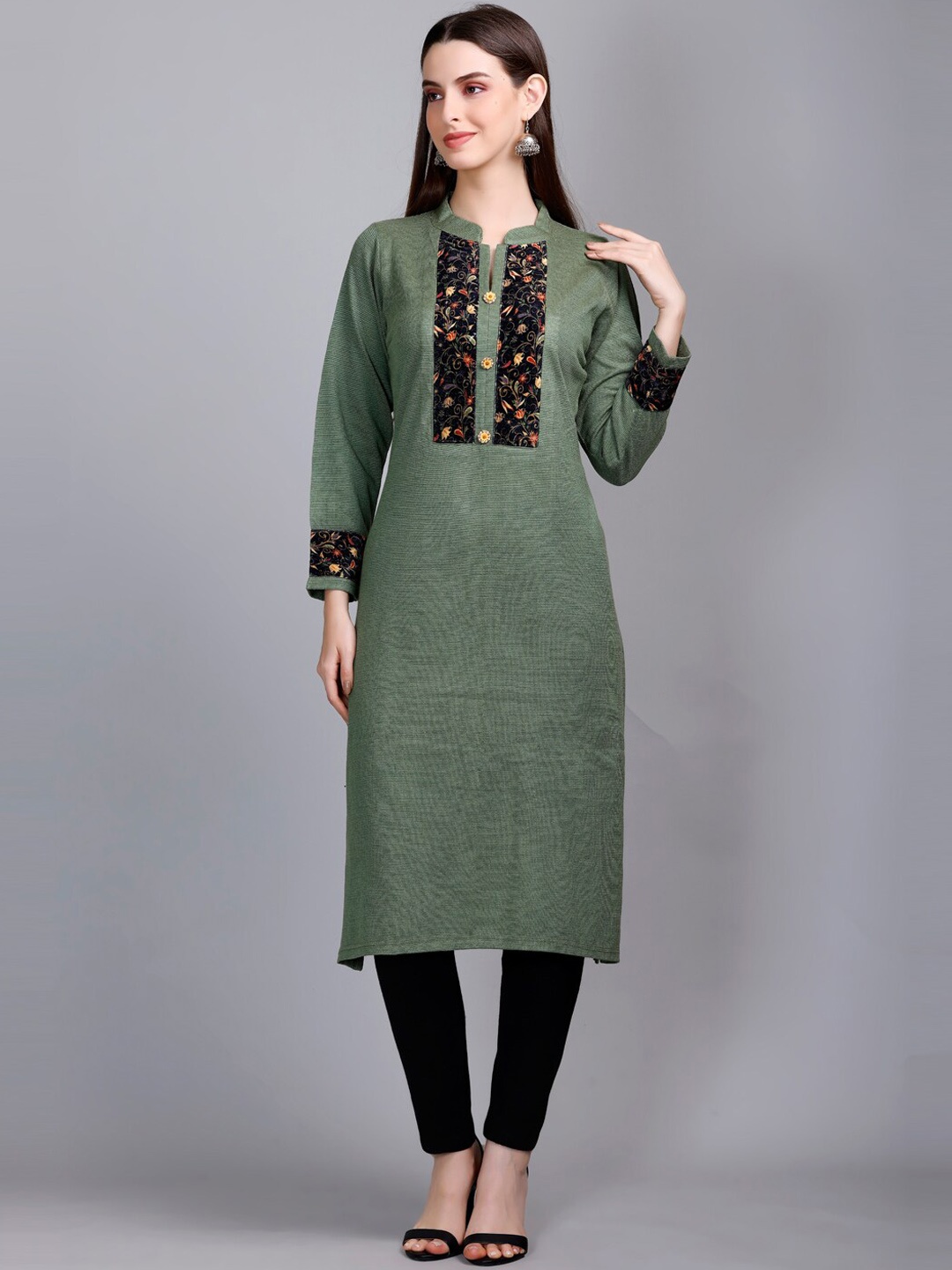 

VELVTINE Mandarin Collar Patchwork Pure Wool Kurta with Trousers & Dupatta, Green