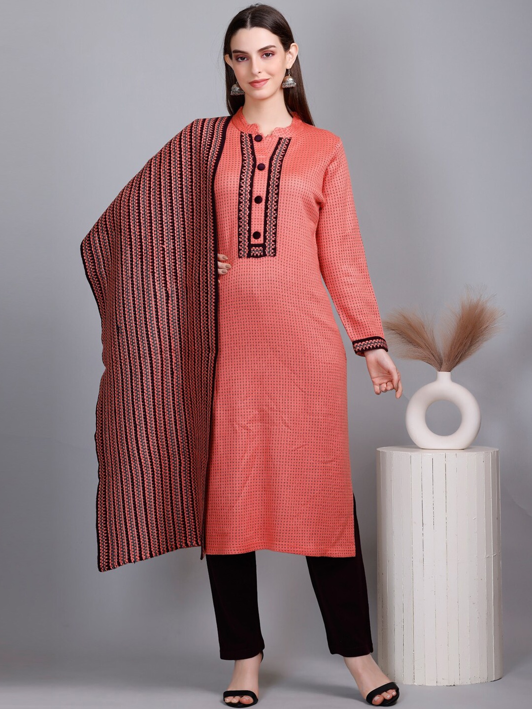 

VELVTINE Mandarin Collar Regular Pure Wool Kurta with Trousers & Dupatta, Peach