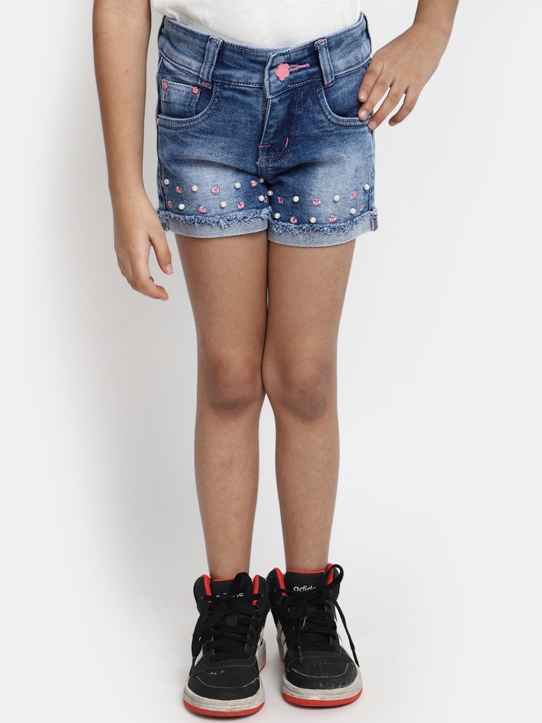 

V-Mart Girls Washed Embellished Denim Shorts, Blue
