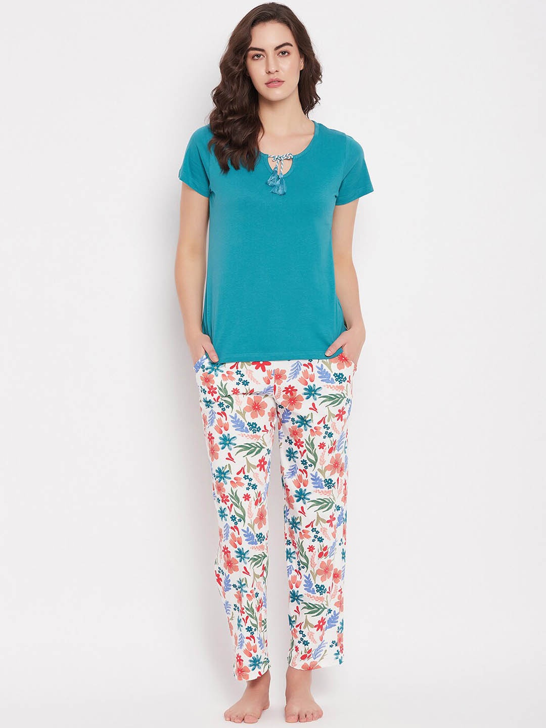 

Clovia Teal Blue Floral Printed Pure Cotton Night Suit