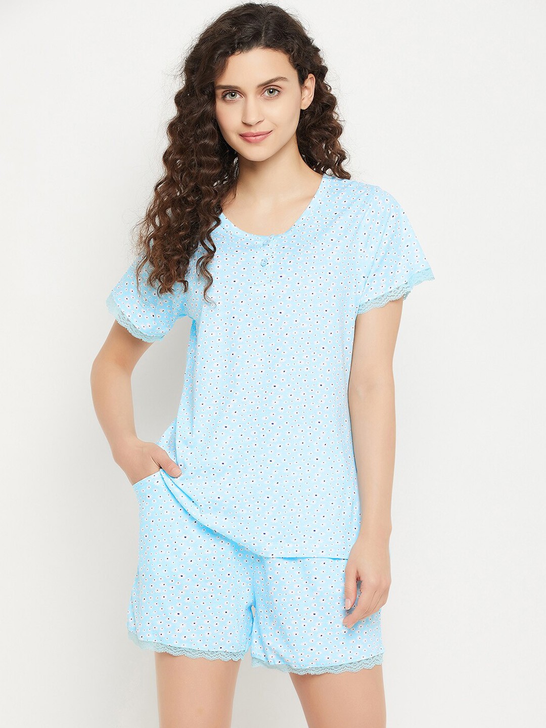 

Clovia Blue Floral Printed Modal Night Suit