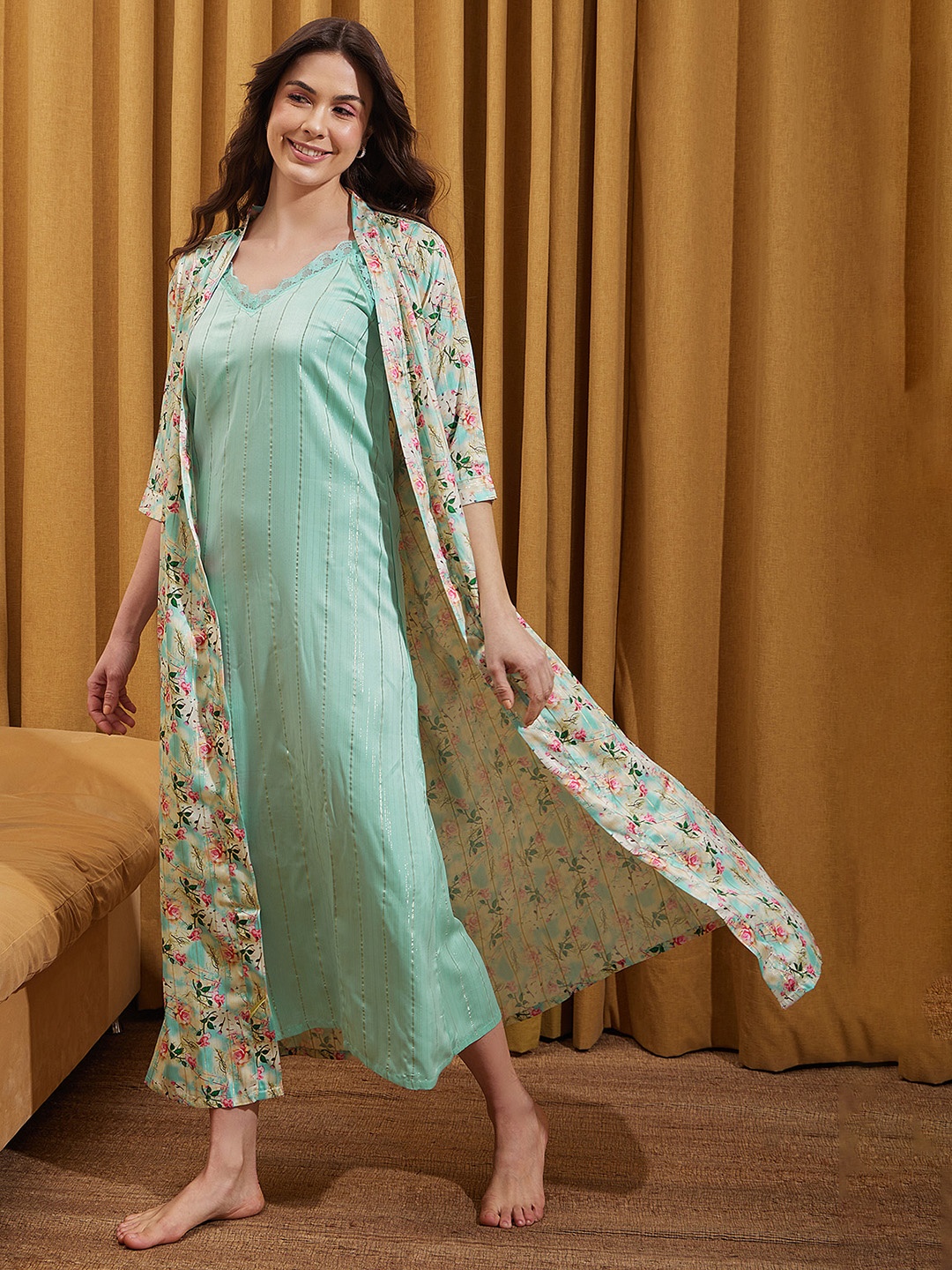 

Clovia Striped Satin Maxi Nightdress With Robe, Blue