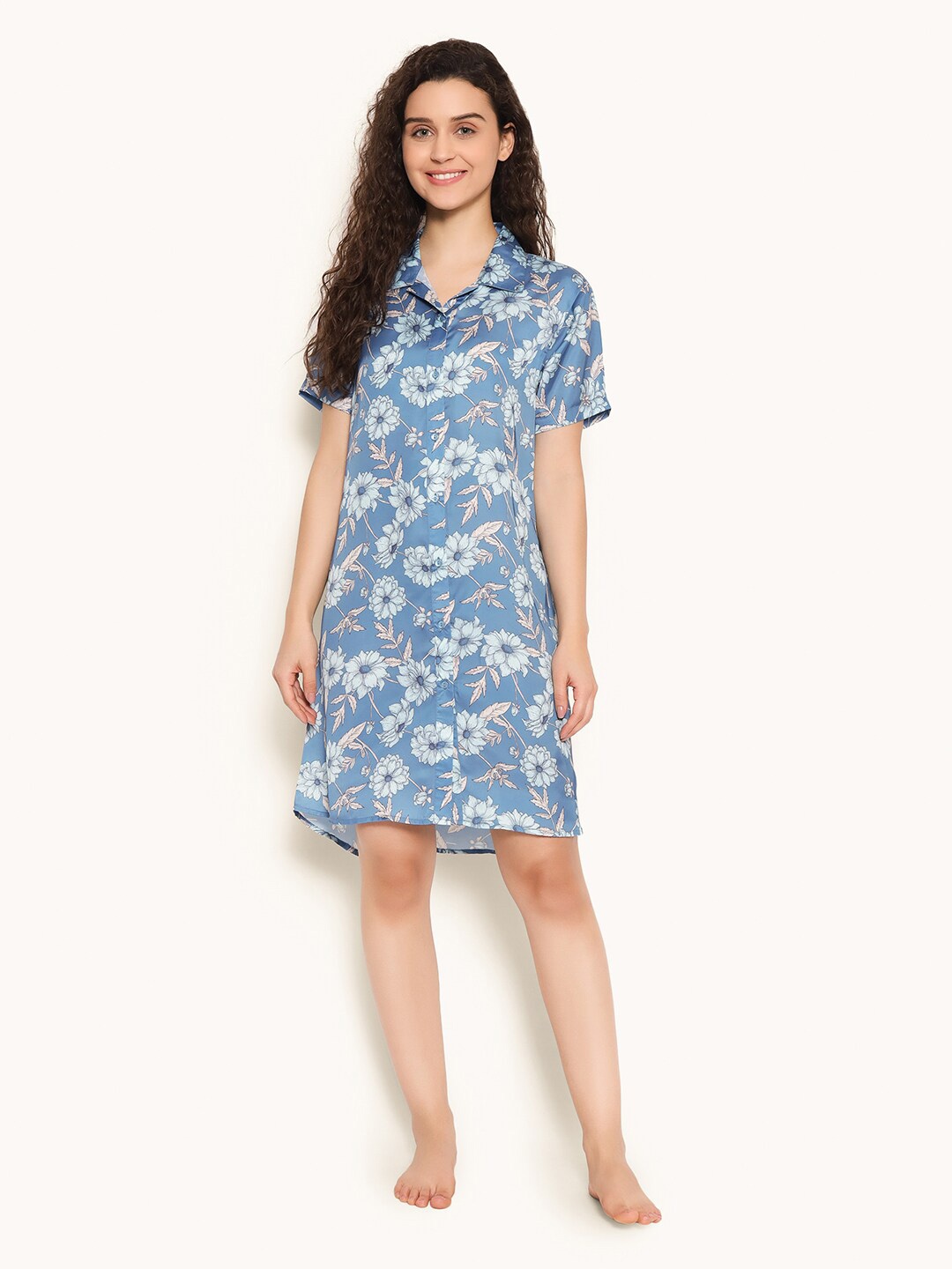 

Clovia Blue Floral Printed Satin Shirt Collar Knee Length Nightdress