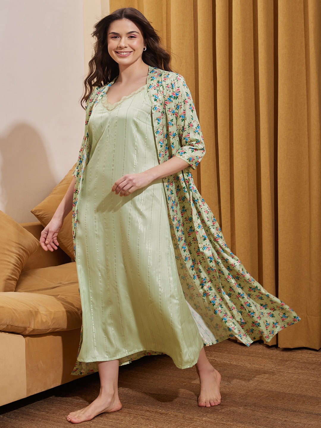 

Clovia Green Floral Printed Shoulder Straps Satin Midi Nightdress & Robe