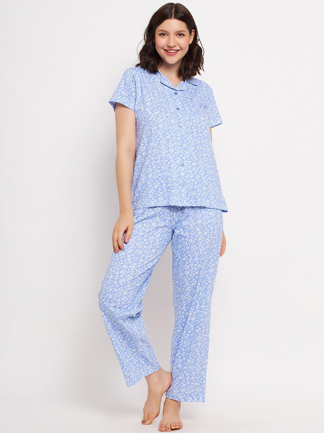 

Clovia Floral Printed Pure Cotton Shirt With Trousers, Blue