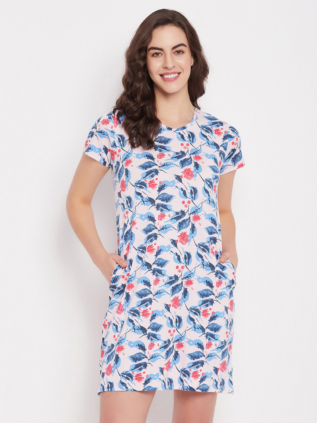 

Clovia Pink & Blue Floral Printed Pure Cotton Nightdress