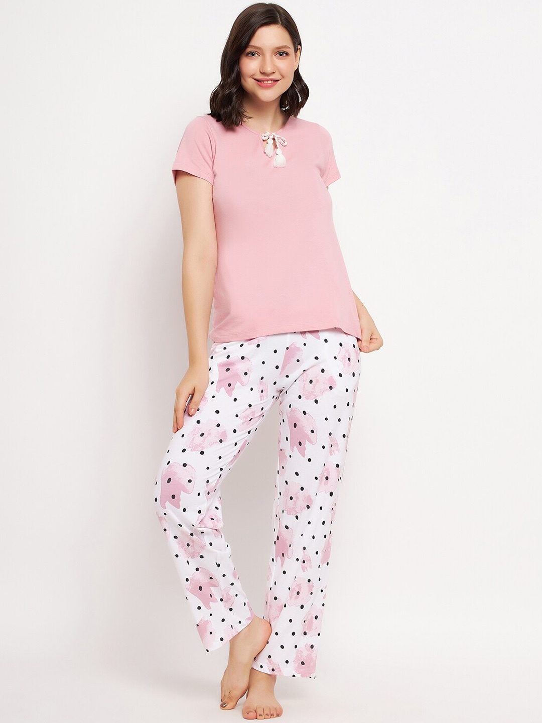 

Clovia Pink Polka Dots Printed Pure Cotton Night Suit
