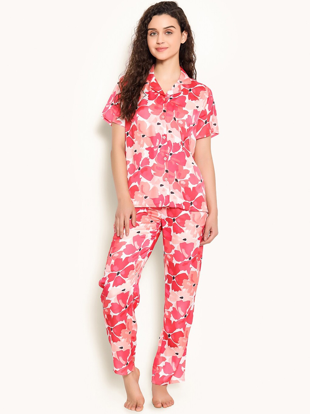 

Clovia Pink Floral Printed Satin Night Suit, Red