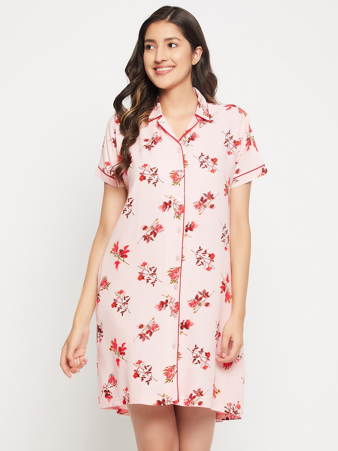

Clovia Pink & Red Floral Printed Shirt Collar Nightdress