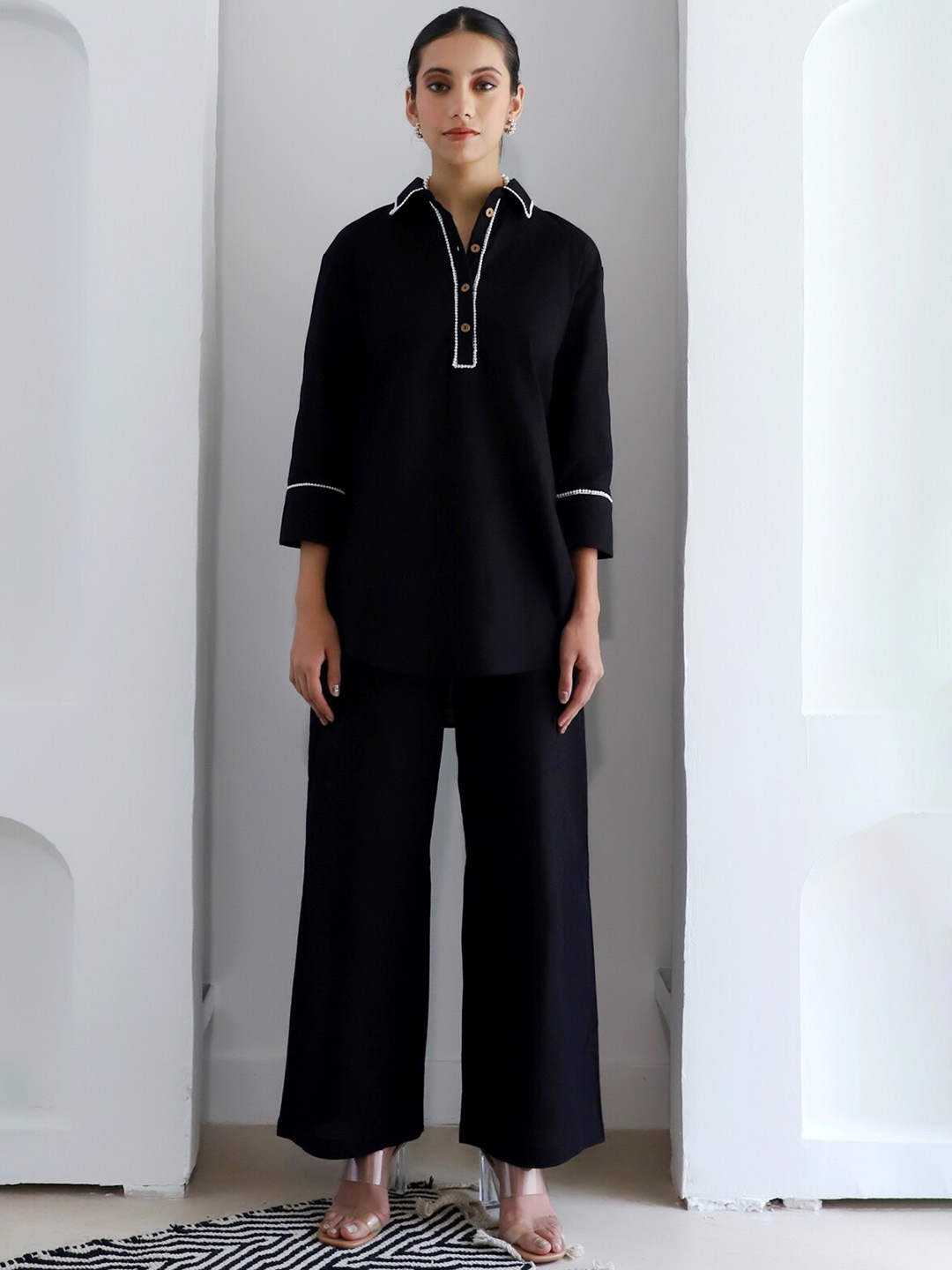

Lake Peace Pure Cotton Shirt Collar Tunic With Trousers, Black