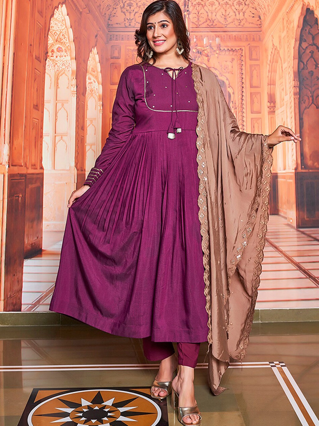 

Curvy Lane Plus Size Yoke Design Regular Gotta Patti Kurta With Trousers & Dupatta, Purple