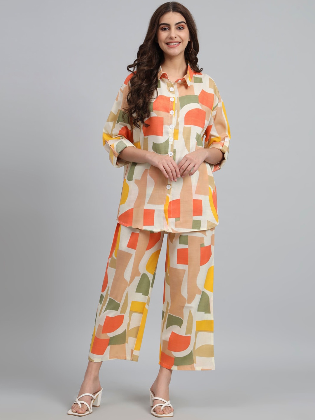 

urSense Geometric Printed Shirt With Palazzo, Cream