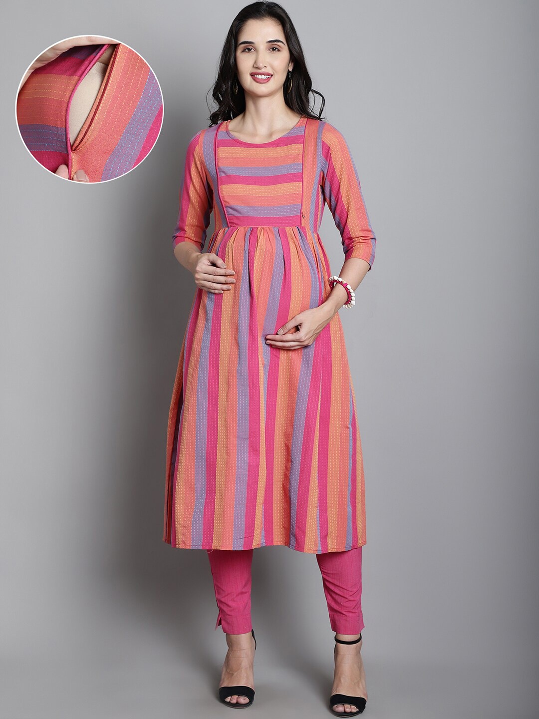 

Moms Maternity Striped Regular Thread Work Organic Cotton Anarkali Kurta with Trousers, Pink