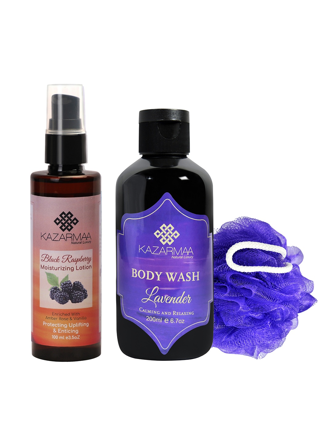 

KAZARMAA Body Toning & Polishing Kit - Body Wash 200ml + Body Lotion 100ml + Loofah, Purple