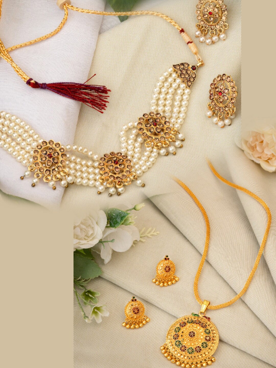 

ASMITTA JEWELLERY Set Of 2 Gold-Plated Stone-Studded & Pearl Beaded Jewellery Sets