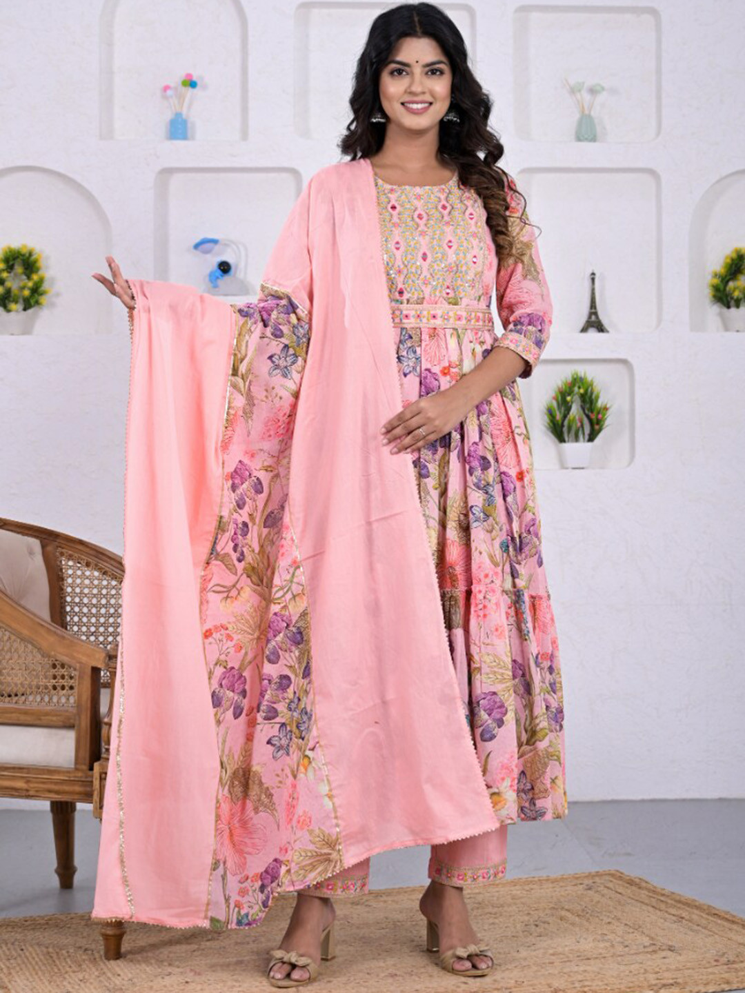 

ZARI Floral Printed Anarkali Kurta with Trousers & With Dupatta, Green